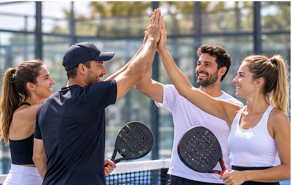 A coach and three players celebrating with a group high five